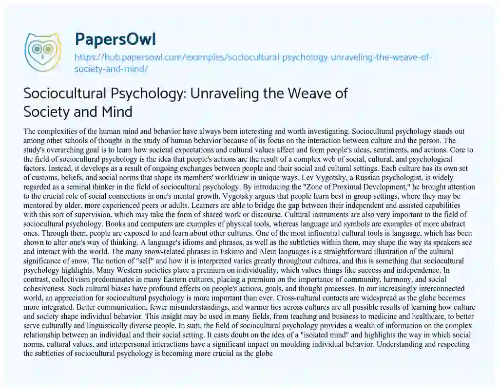 Essay on Sociocultural Psychology: Unraveling the Weave of Society and Mind