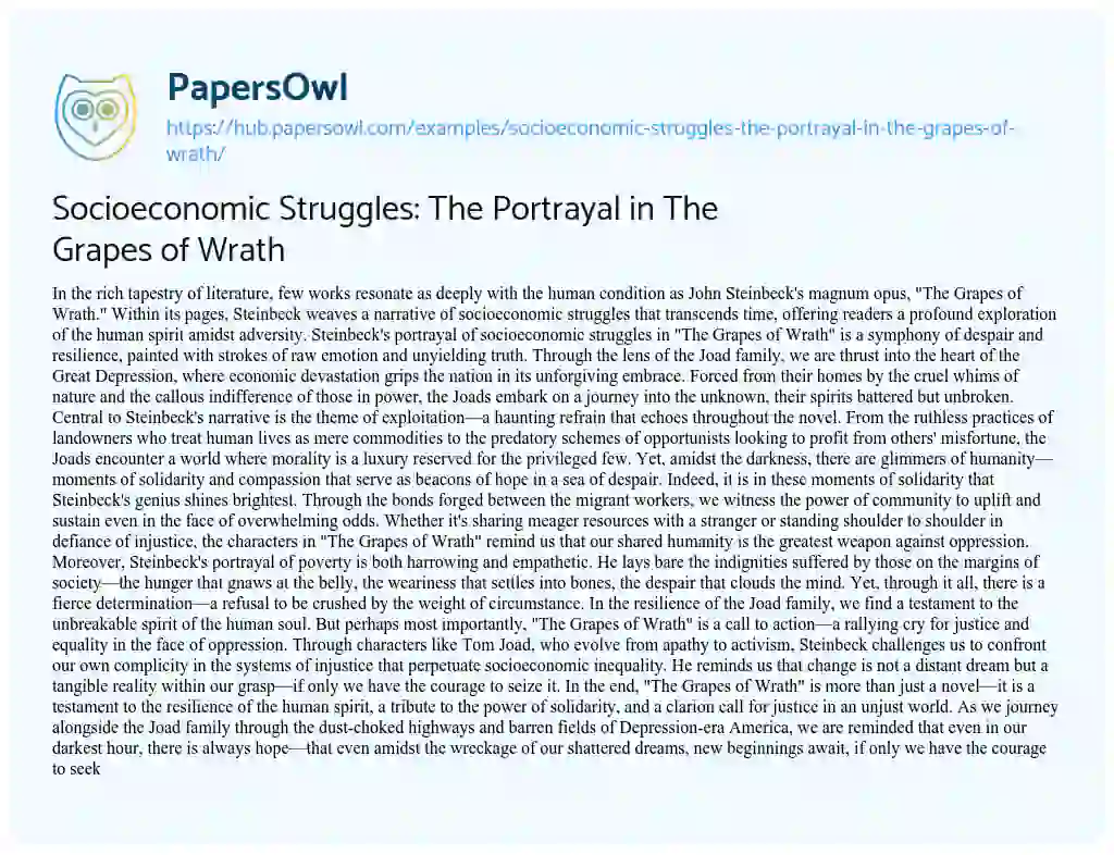 Essay on Socioeconomic Struggles: The Portrayal in The Grapes of Wrath