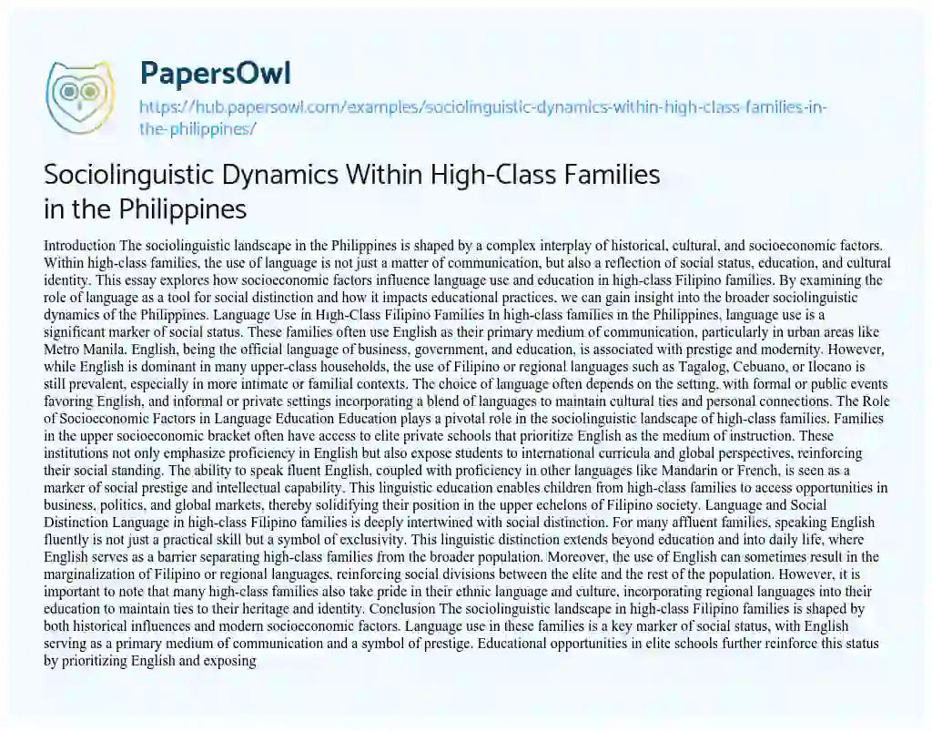 Essay on Sociolinguistic Dynamics Within High-Class Families in the Philippines