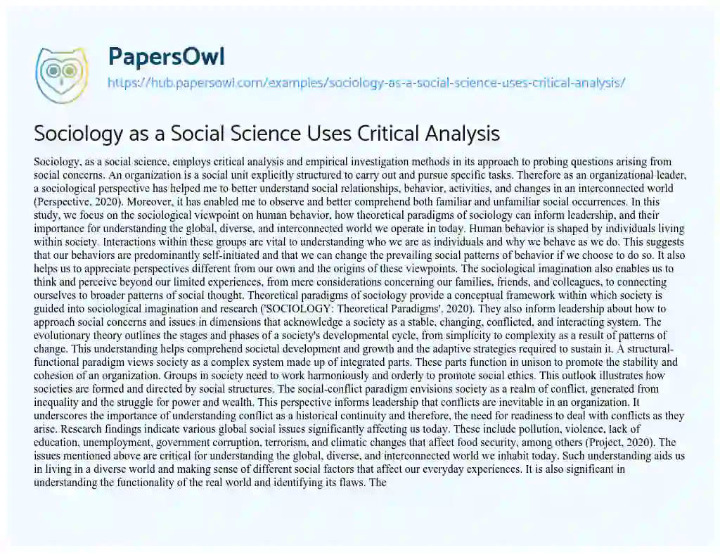 Essay on Sociology as a Social Science Uses Critical Analysis