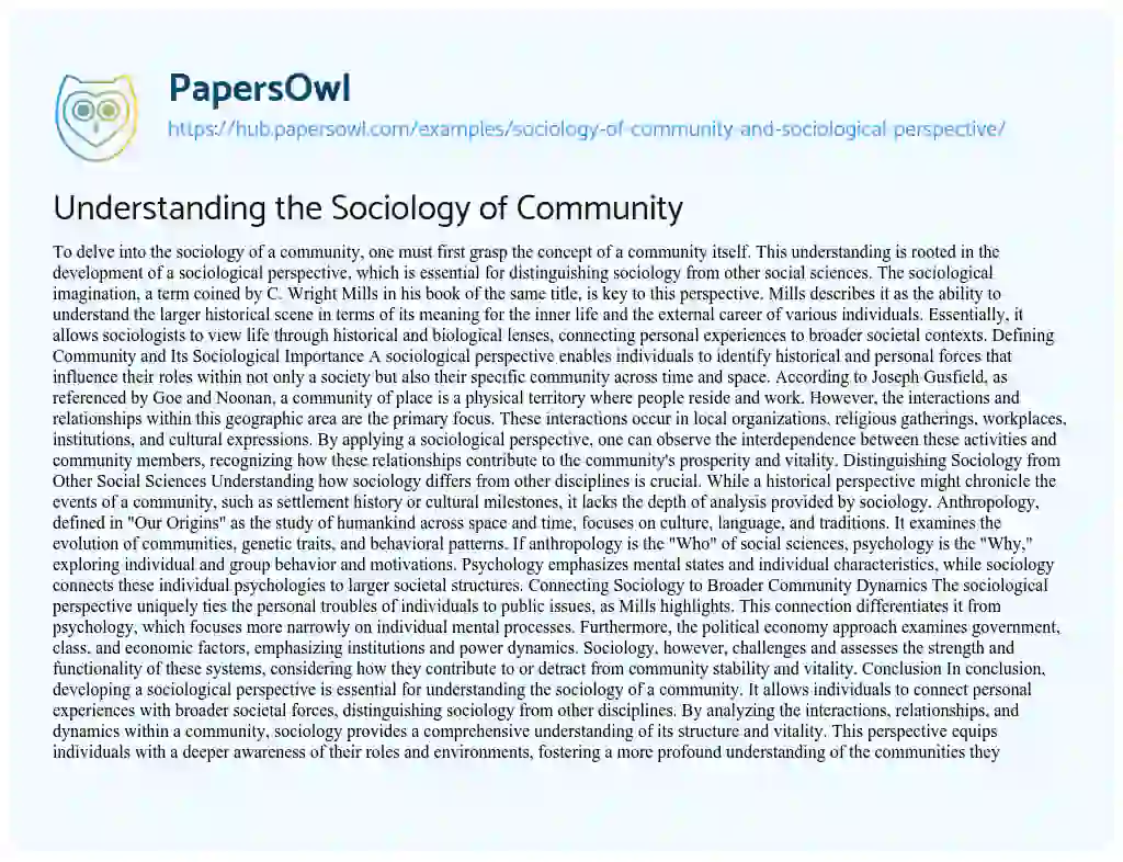 Essay on Understanding the Sociology of Community