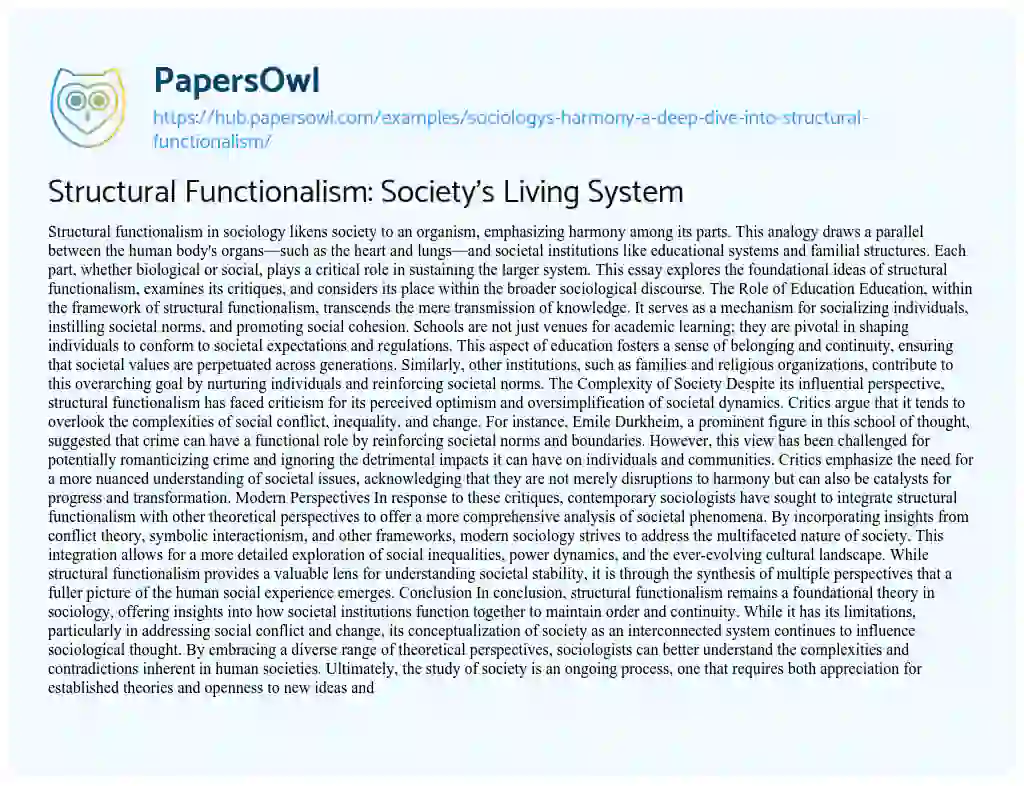 Essay on Structural Functionalism: Society’s Living System