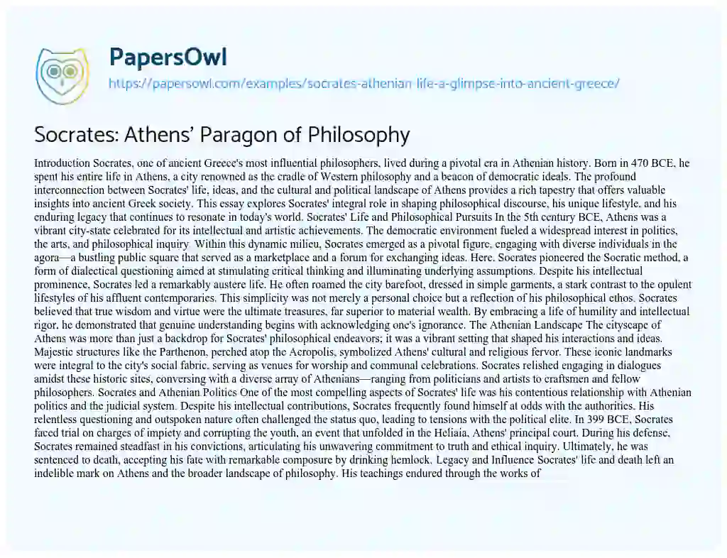 Essay on Socrates: Athens’ Paragon of Philosophy