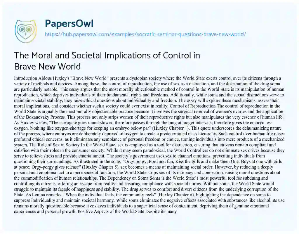 Essay on The Moral and Societal Implications of Control in Brave New World
