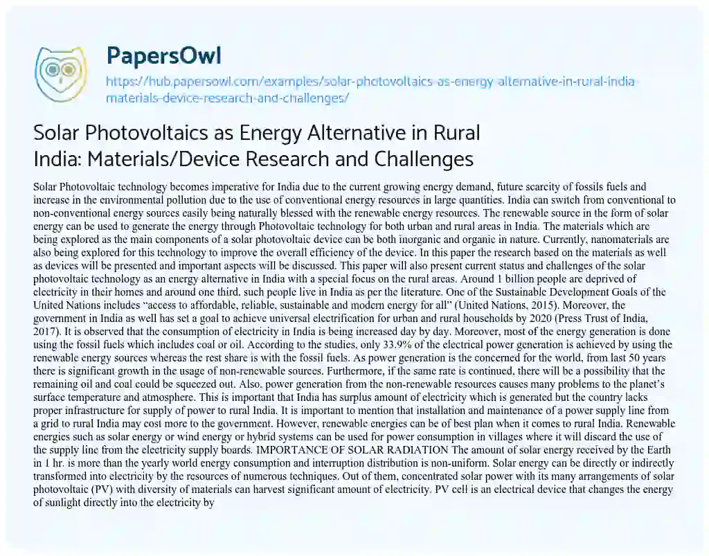 Essay on Solar Photovoltaics as Energy Alternative in Rural India: Materials/Device Research and Challenges