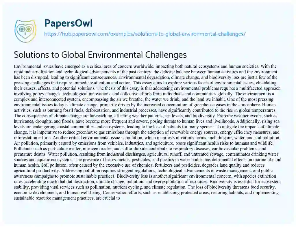 Essay on Solutions to Global Environmental Challenges
