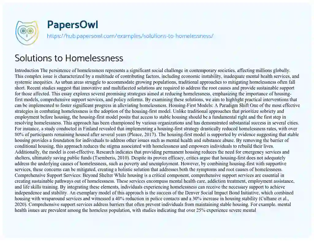 Essay on Solutions to Homelessness
