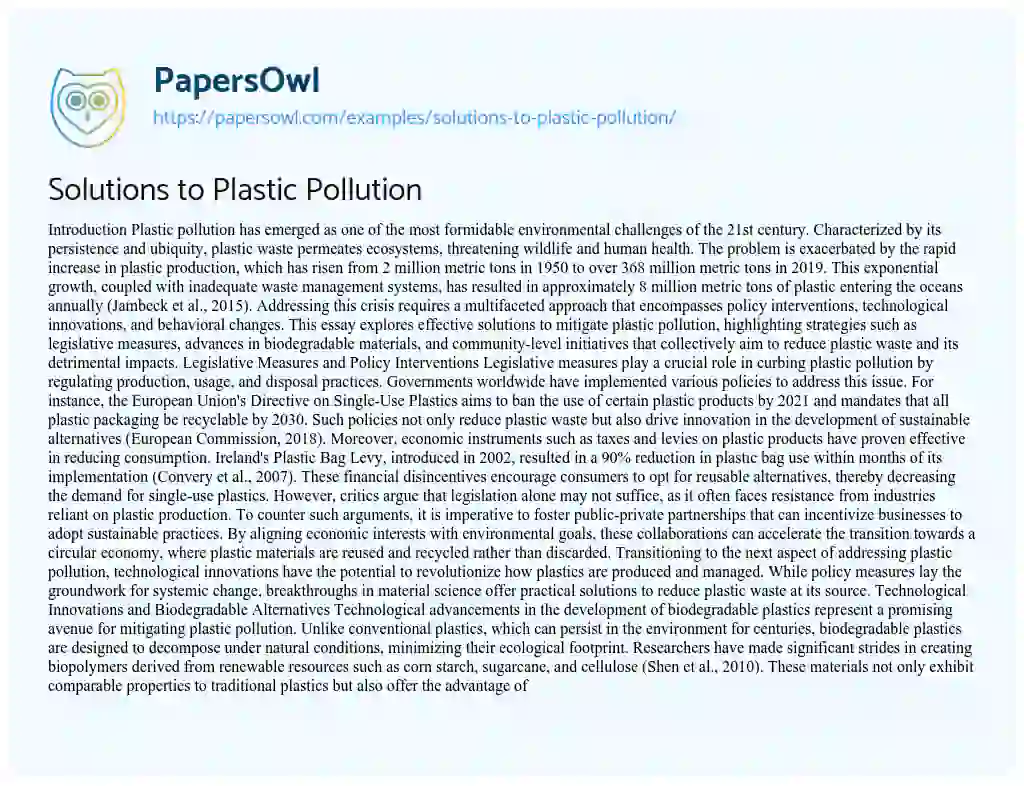 Essay on Solutions to Plastic Pollution