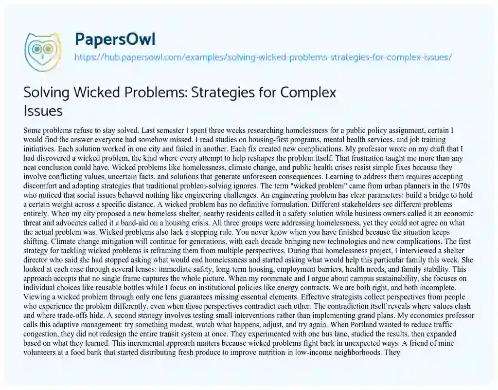 Essay on Solving Wicked Problems: Strategies for Complex Issues