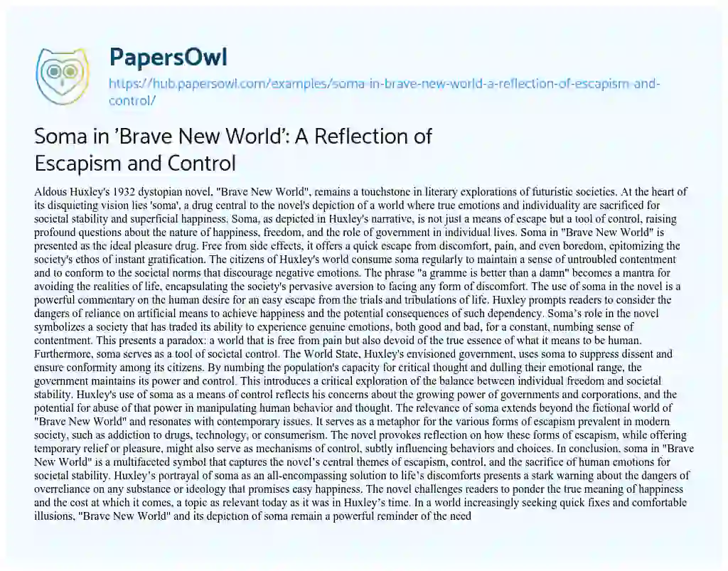 Essay on Soma in ‘Brave New World’: A Reflection of Escapism and Control