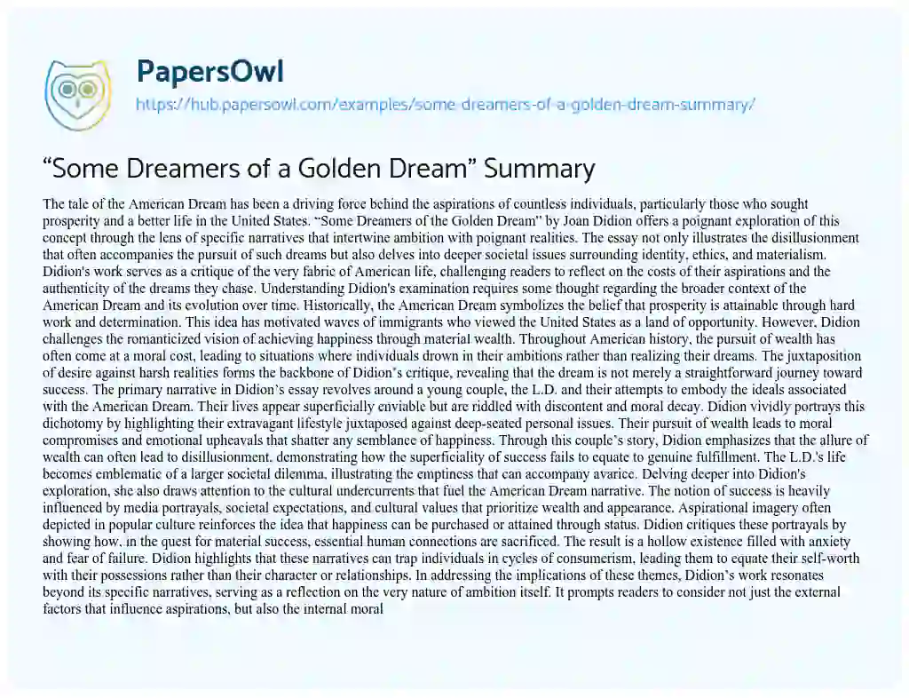Essay on “Some Dreamers of a Golden Dream” Summary