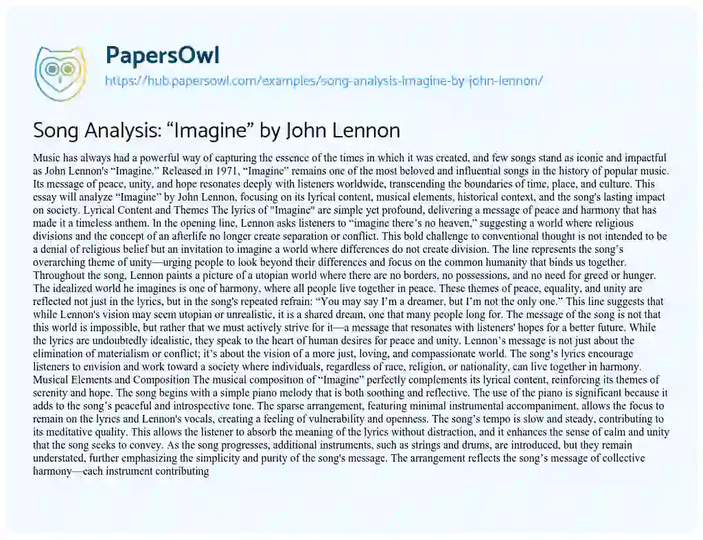 Essay on Song Analysis: “Imagine” by John Lennon