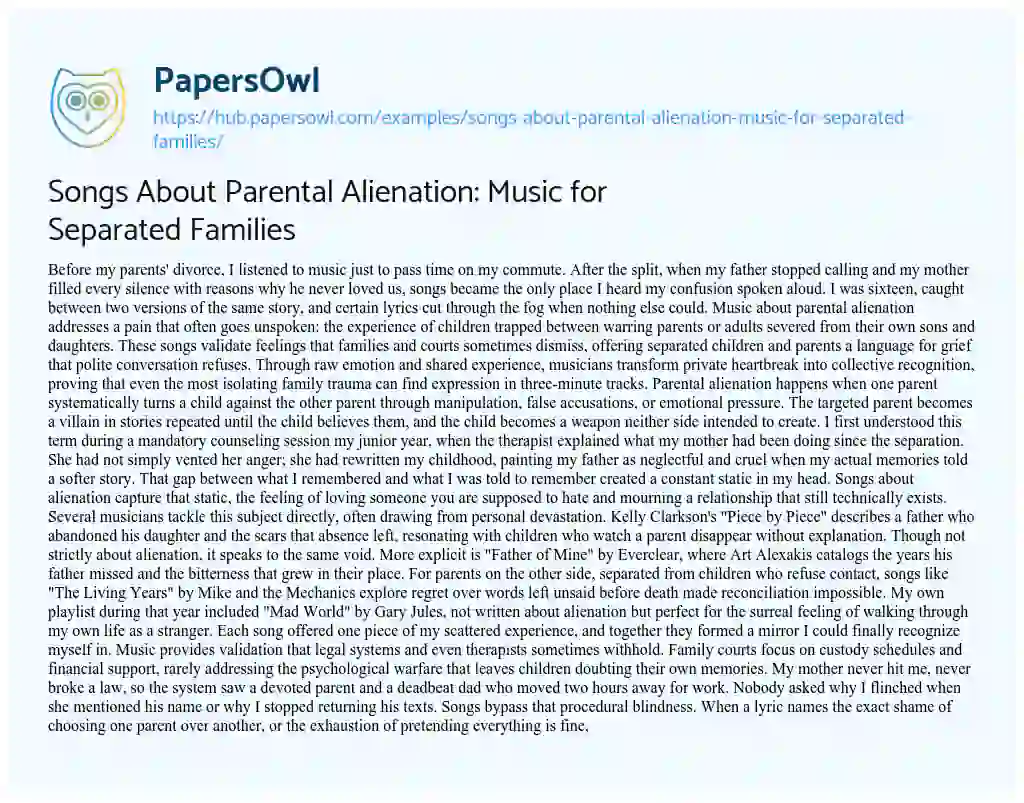Essay on Songs About Parental Alienation: Music for Separated Families