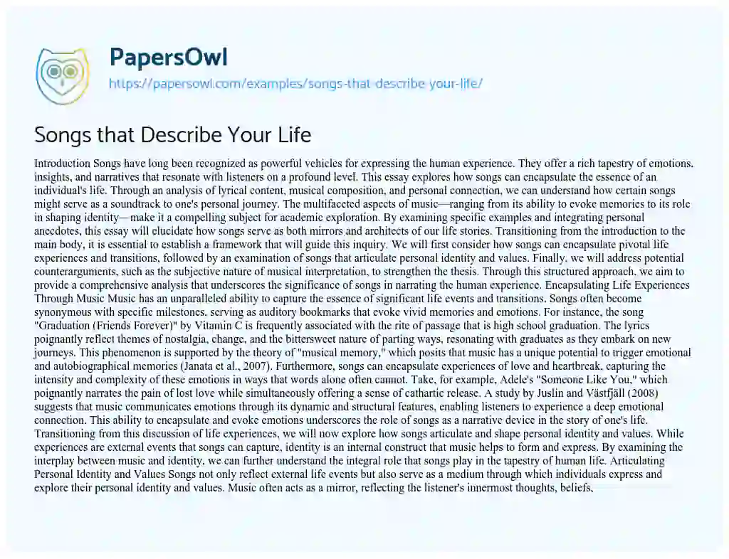 Essay on Songs that Describe Your Life