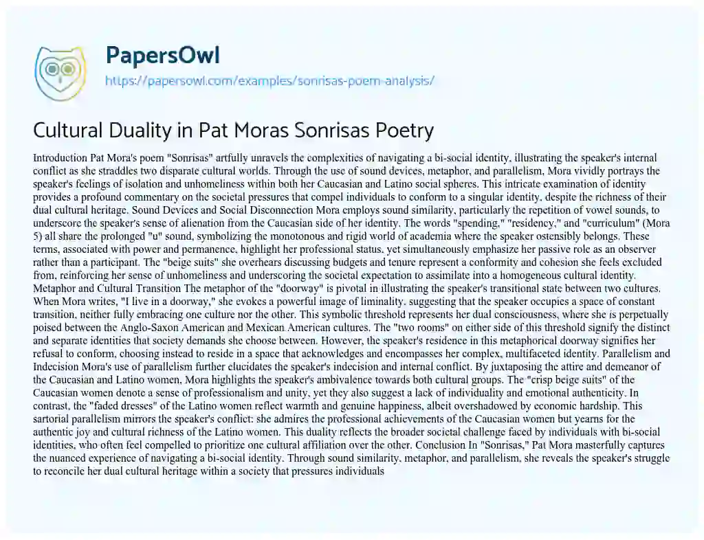 Essay on Cultural Duality in Pat Moras Sonrisas Poetry