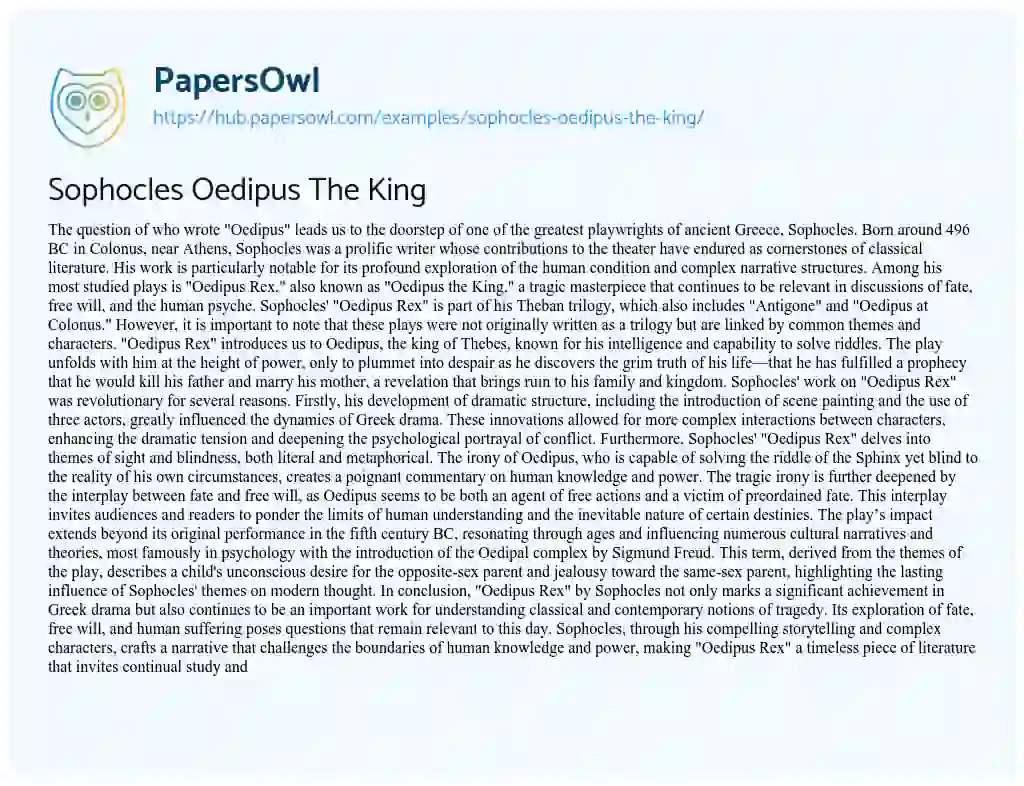 Essay on Sophocles Oedipus The King