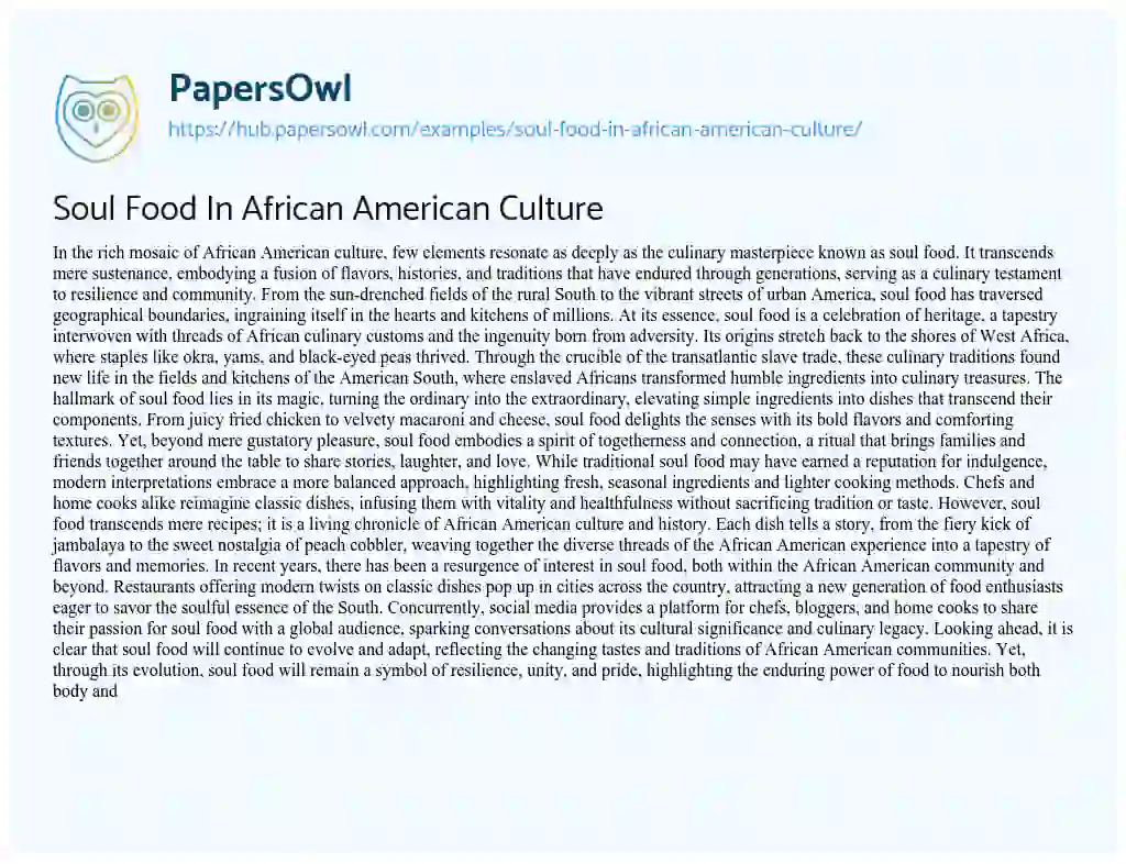 Essay on Soul Food In African American Culture