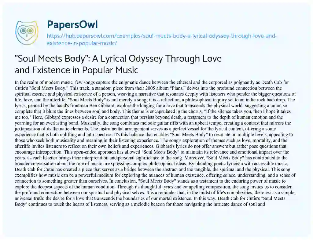 Essay on “Soul Meets Body”: A Lyrical Odyssey Through Love and Existence in Popular Music