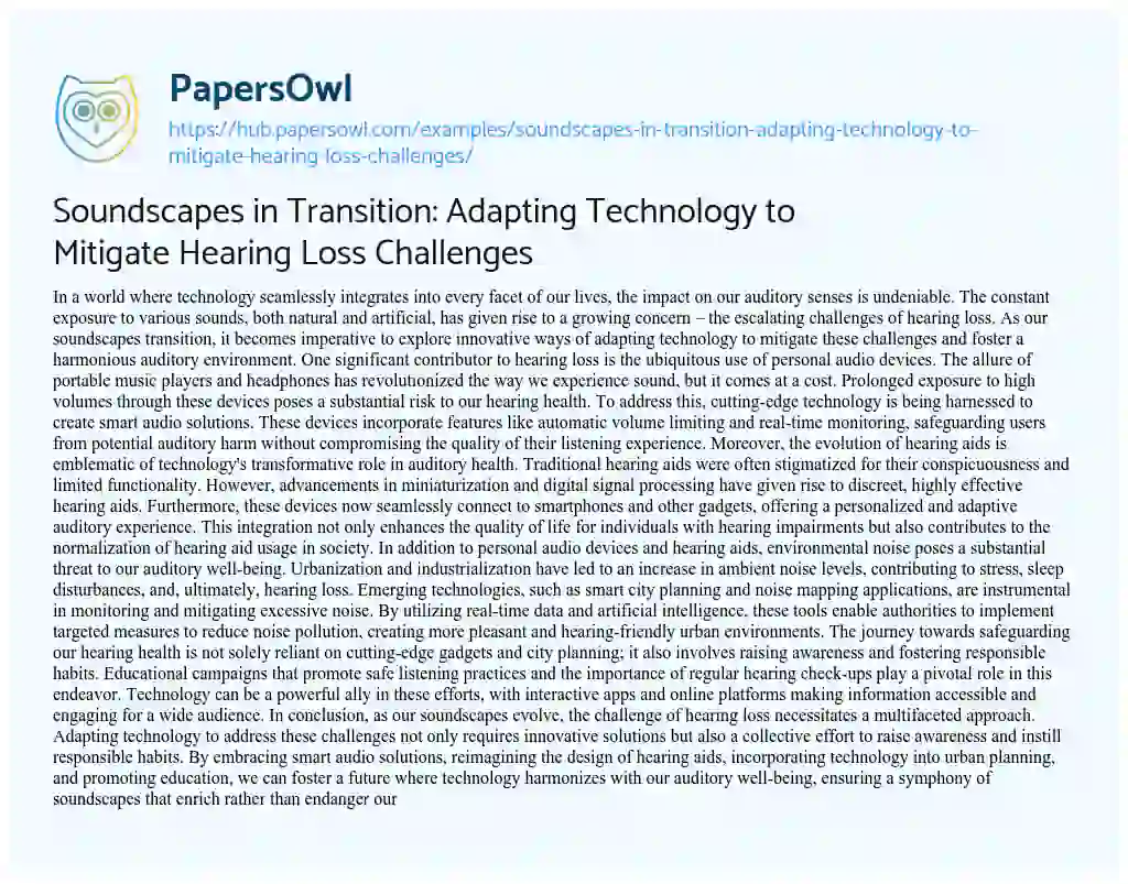 Essay on Soundscapes in Transition: Adapting Technology to Mitigate Hearing Loss Challenges