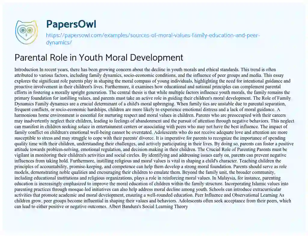 Essay on Parental Role in Youth Moral Development