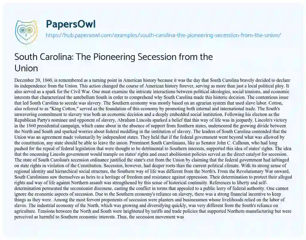 Essay on South Carolina: The Pioneering Secession from the Union