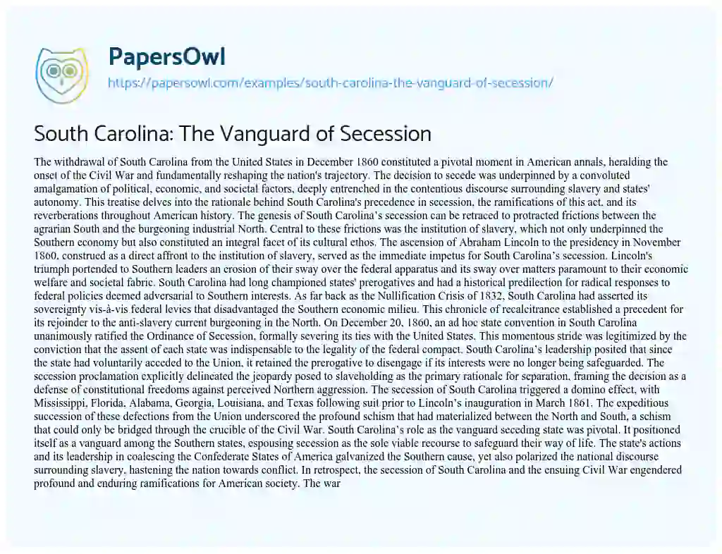 Essay on South Carolina: The Vanguard of Secession