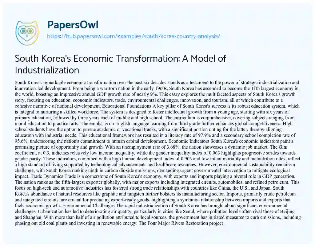 Essay on South Korea’s Economic Transformation: A Model of Industrialization