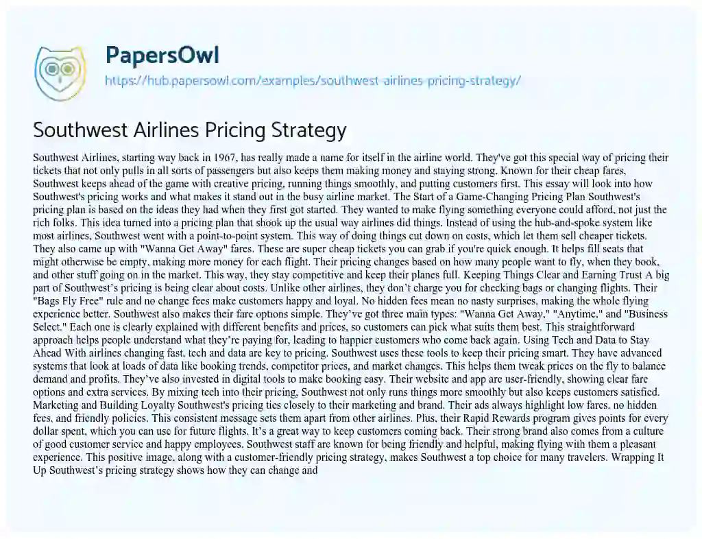 Essay on Southwest Airlines Pricing Strategy