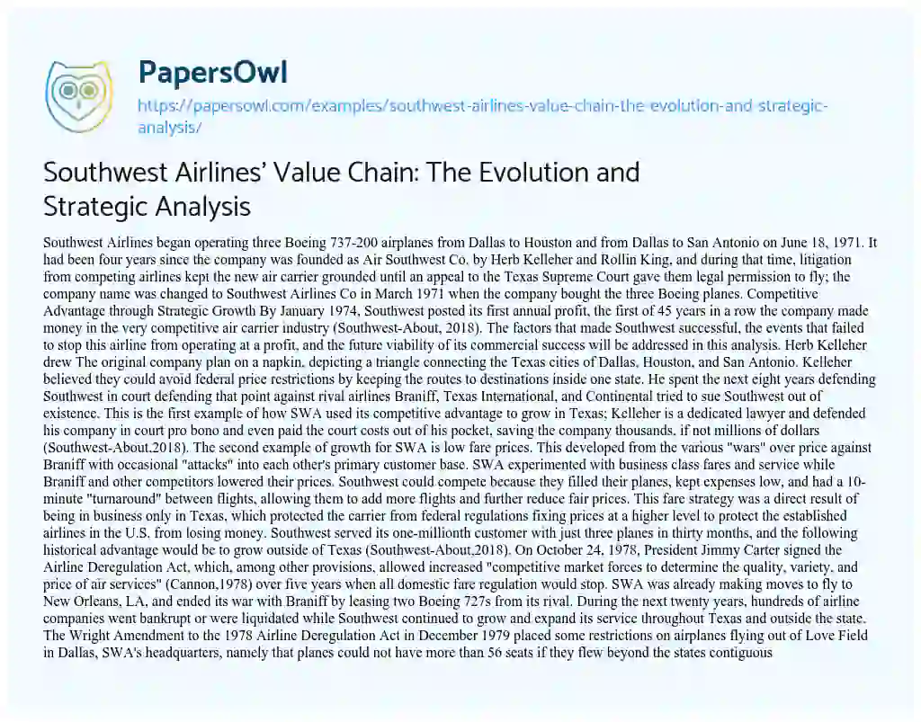Essay on Southwest Airlines’ Value Chain: The Evolution and Strategic Analysis