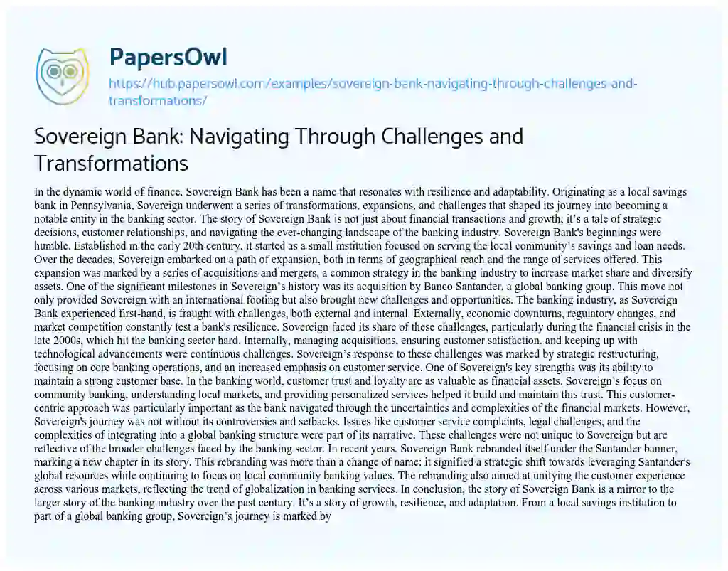 Essay on Sovereign Bank: Navigating Through Challenges and Transformations