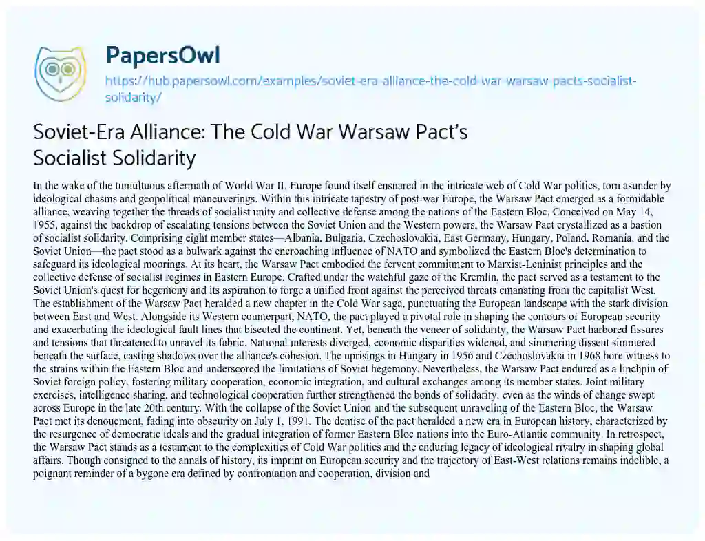 Essay on Soviet-Era Alliance: The Cold War Warsaw Pact’s Socialist Solidarity