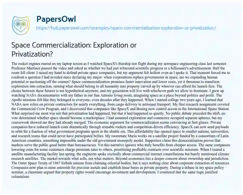 Essay on Space Commercialization: Exploration or Privatization?