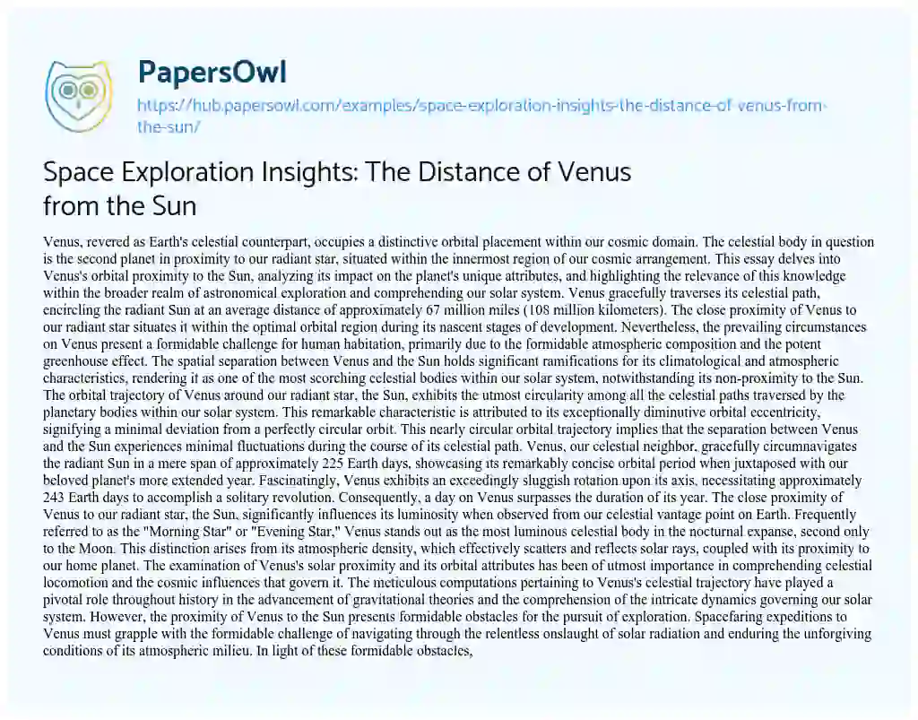 Essay on Space Exploration Insights: The Distance of Venus from the Sun