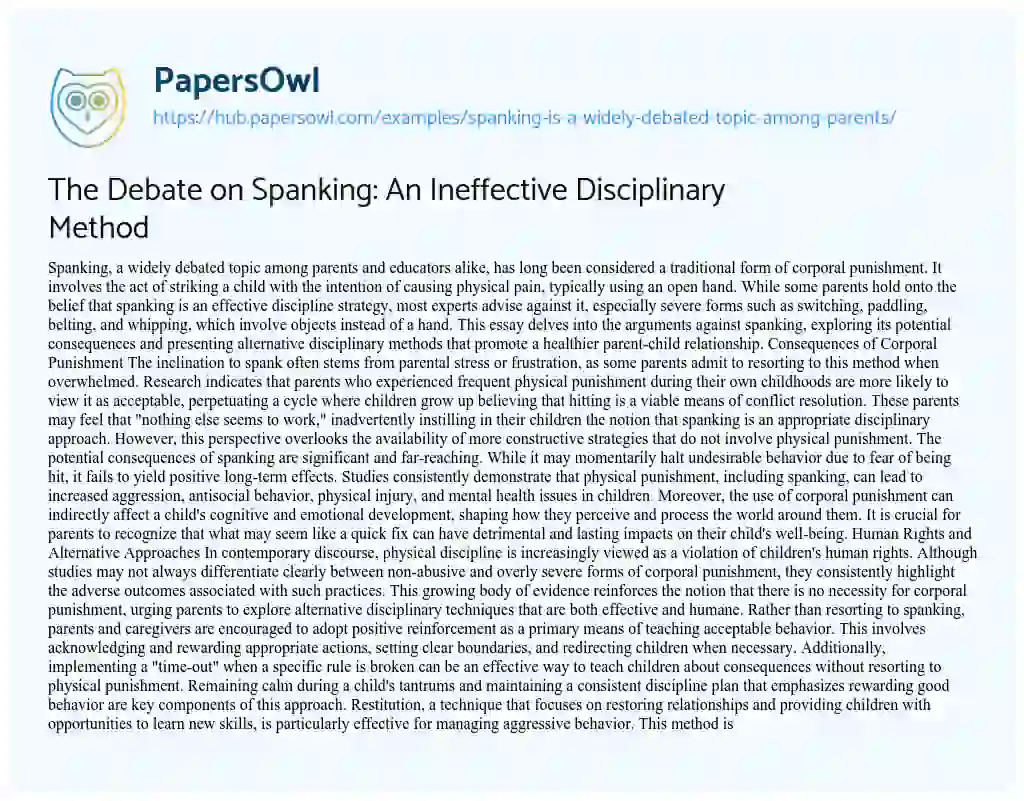 Essay on The Debate on Spanking: An Ineffective Disciplinary Method