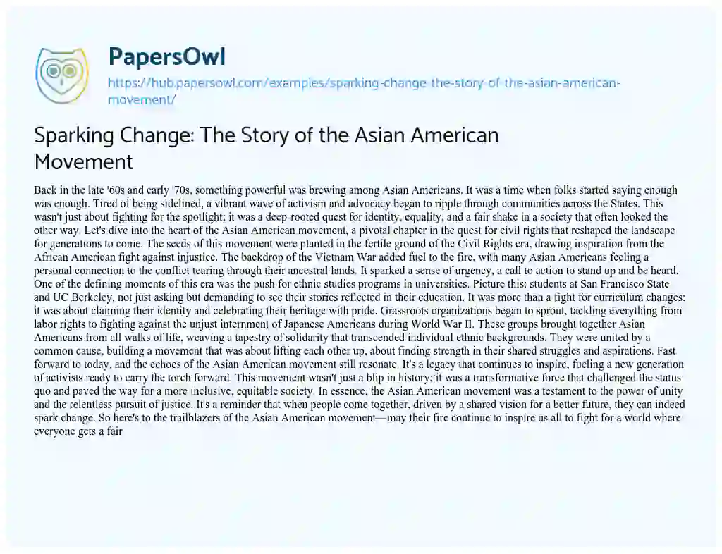 Essay on Sparking Change: The Story of the Asian American Movement