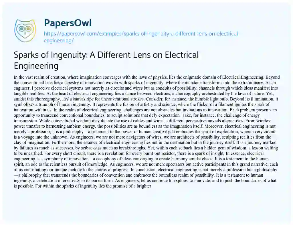 Essay on Sparks of Ingenuity: A Different Lens on Electrical Engineering