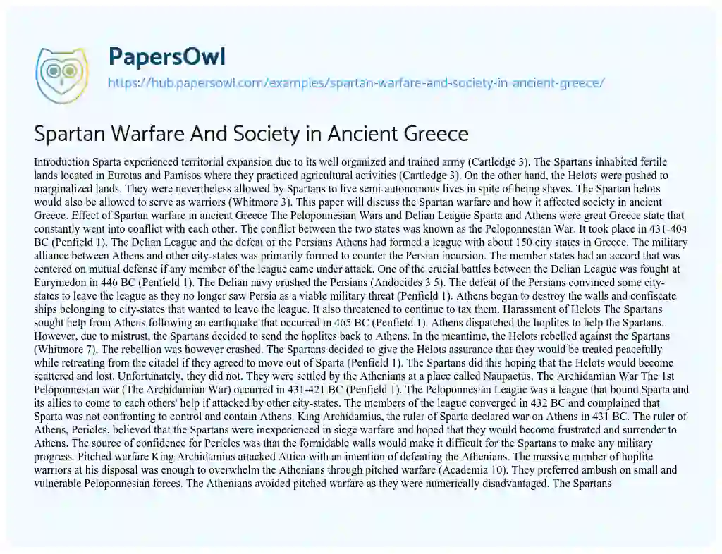 Essay on Spartan Warfare And Society in Ancient Greece