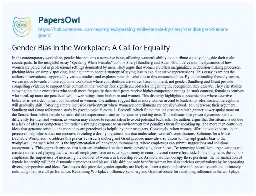 Essay on Gender Bias in the Workplace: A Call for Equality
