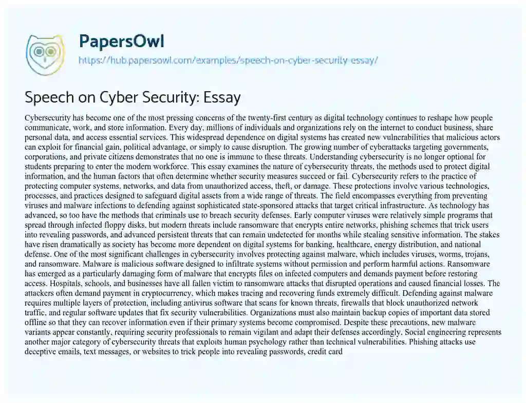 Essay on Speech on Cyber Security: Essay