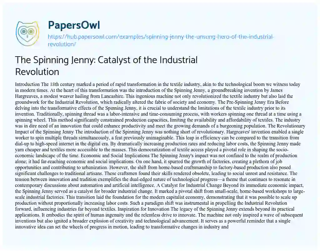 Essay on The Spinning Jenny: Catalyst of the Industrial Revolution