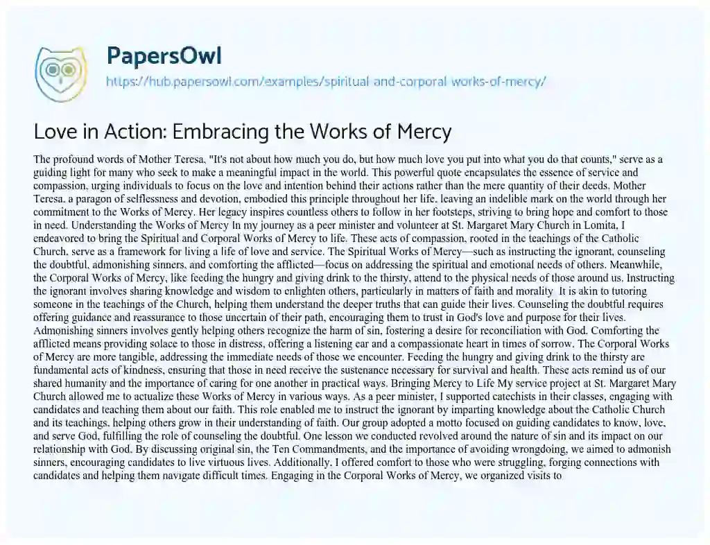 Essay on Love in Action: Embracing the Works of Mercy