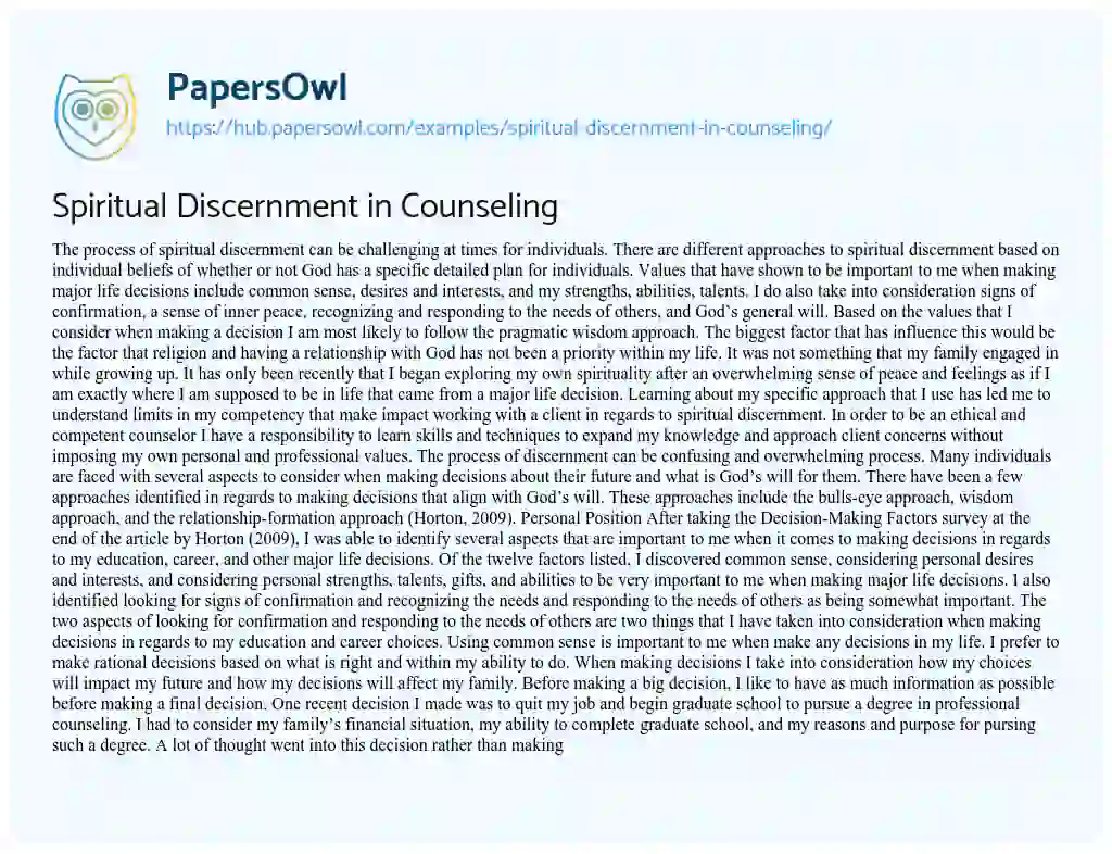 Essay on Spiritual Discernment in Counseling