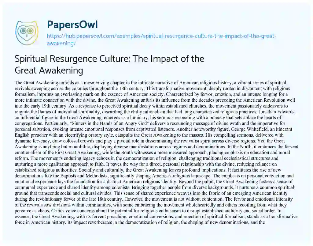 Essay on Spiritual Resurgence Culture: The Impact of the Great Awakening