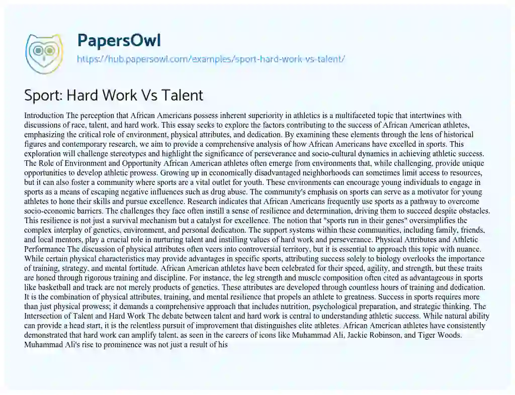Essay on Sport: Hard Work Vs Talent