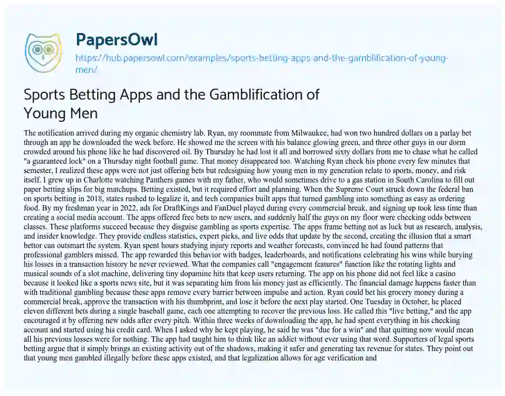 Essay on Sports Betting Apps and the Gamblification of Young Men