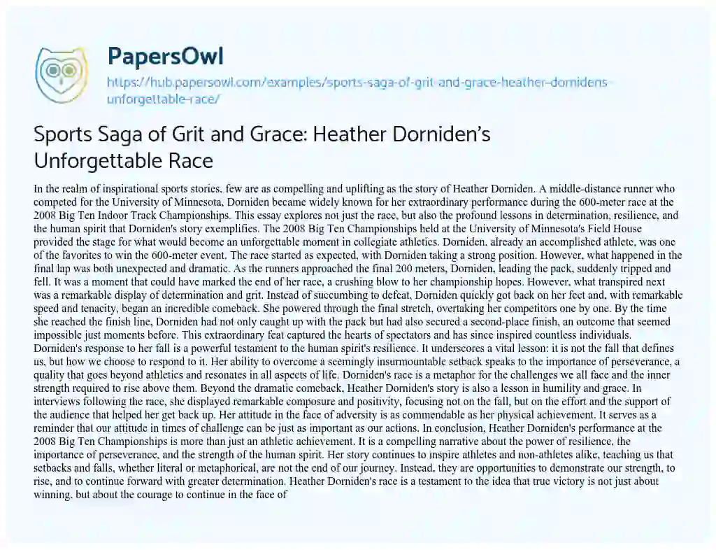 Essay on Sports Saga of Grit and Grace: Heather Dorniden’s Unforgettable Race