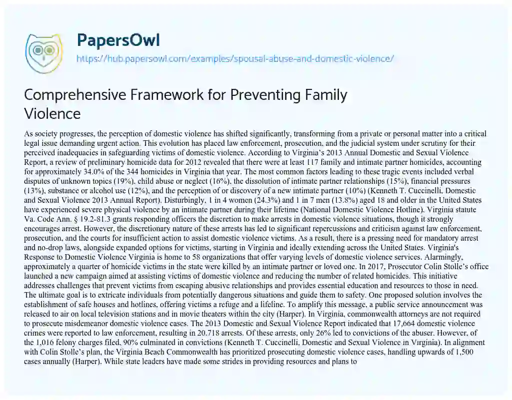 Essay on Comprehensive Framework for Preventing Family Violence