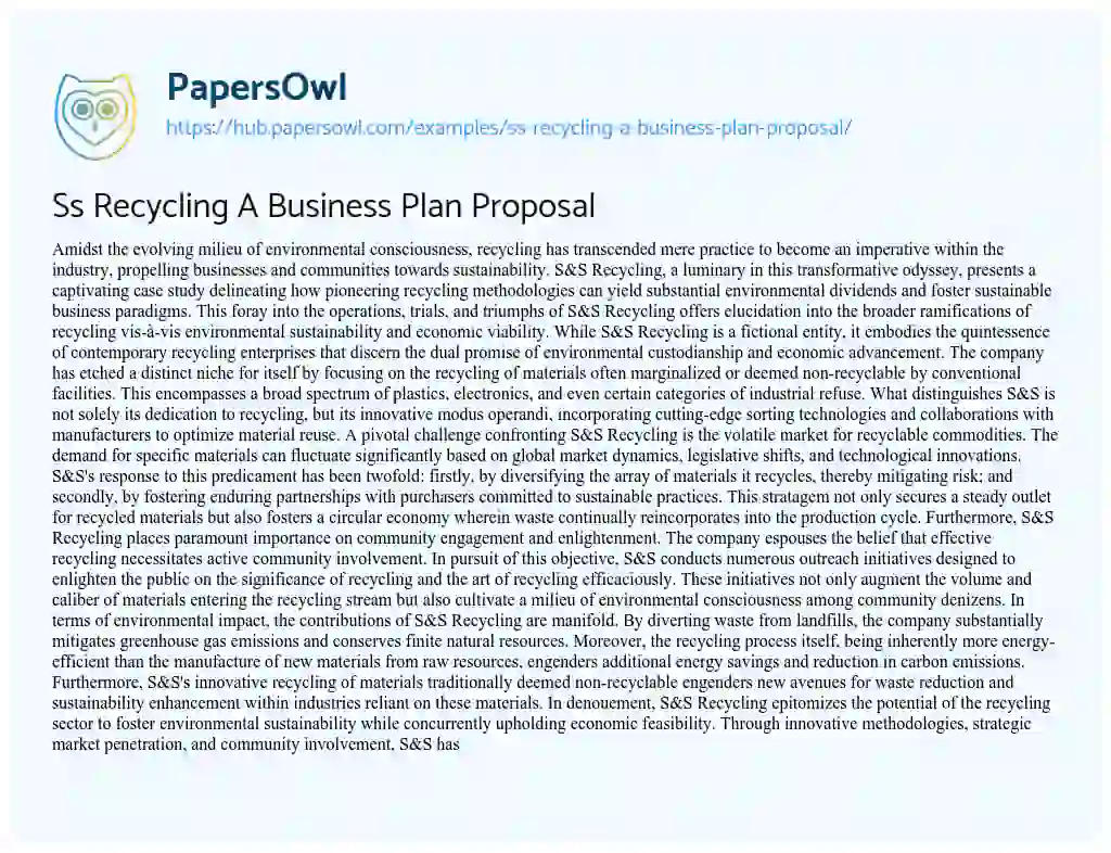 Essay on Ss Recycling A Business Plan Proposal