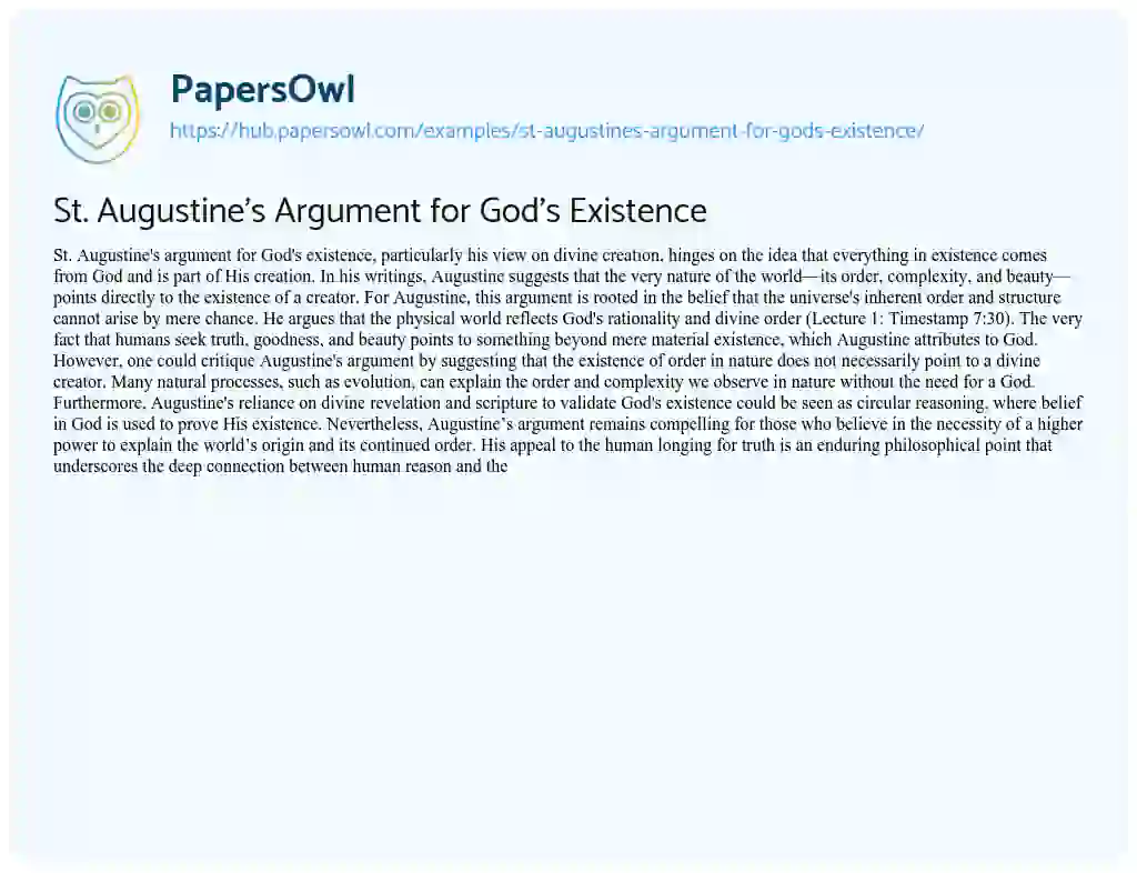 Essay on St. Augustine’s Argument for God’s Existence