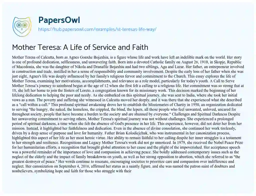 Essay on Mother Teresa: A Life of Service and Faith